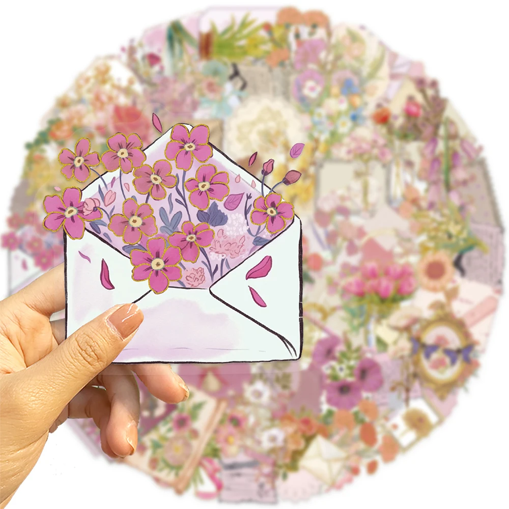 

10/30/50pcs Vintage Rose Pink Flowers Aesthetic Stickers Transparent PET Sticker Decoration Luggage Guitar Phone Cartoon Decals