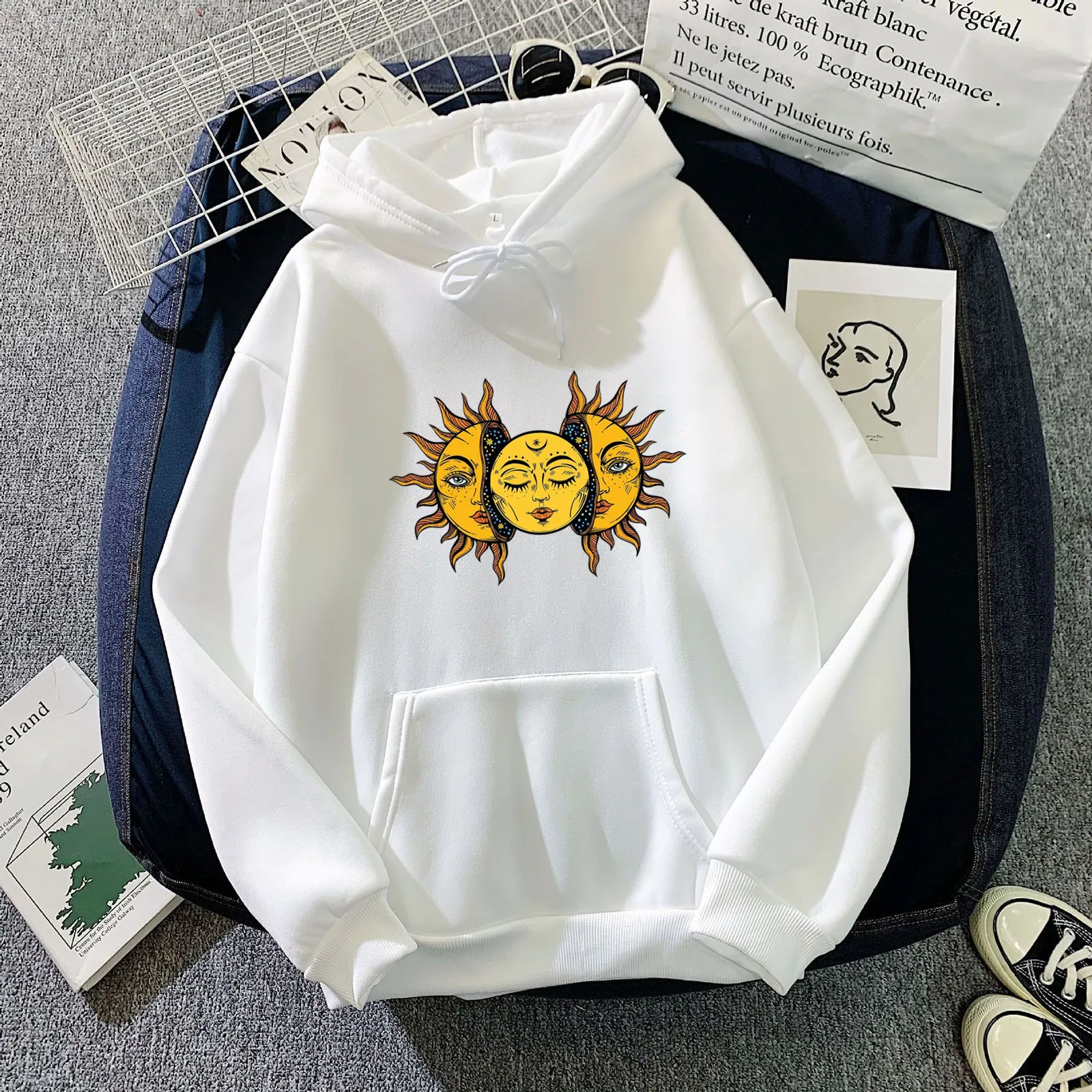 Aesthetic Hoody Sun Hoodie Women Harajuku Fashion Sweatshirt Moon Hoodie Female Printing Unisex Loose Tops Cotton Clothes