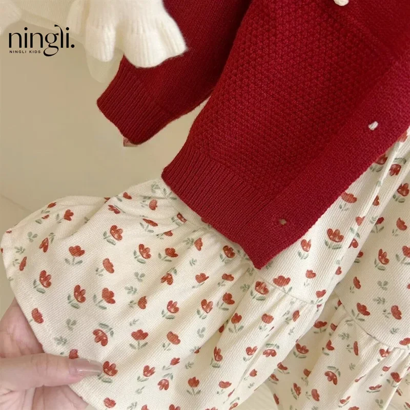 Childrens Clothing Set 2024 New Autumn Baby Fashion Cardigan Dress Spring and Autumn Casual Two-piece Set Trendy