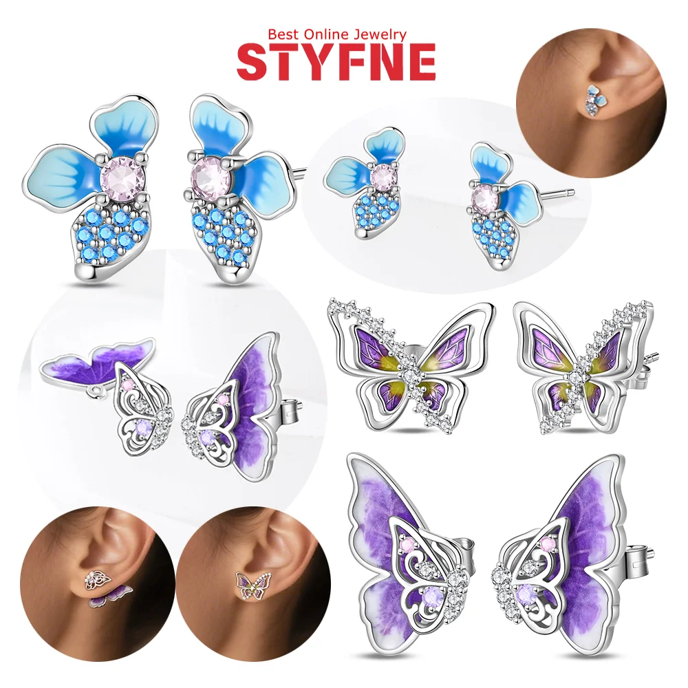 

Earrings Women 925 Silver Purple Luminous Butterfly Blue Petals Stud Earrings for Women Engagement Birthday Fine Jewelry Gift