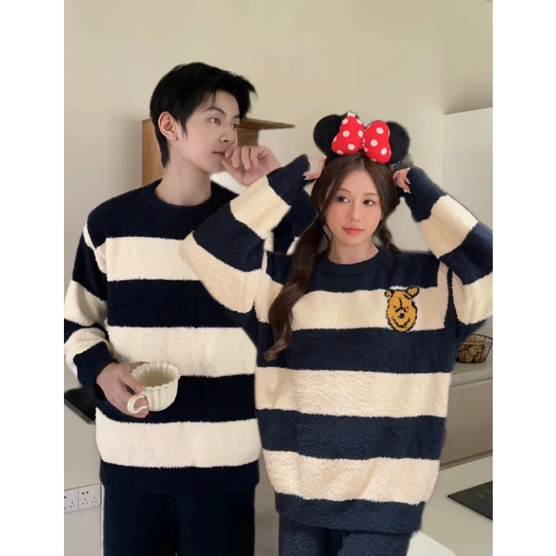 CartoonDisney couple pajamas winter new crew neck sweater sweater pants thickened women\'s pajamas Winnie the Pooh loungewear set