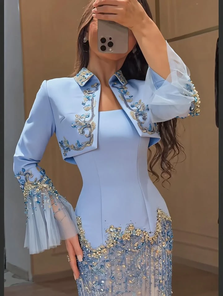 

Customized Luxury Crystal Prom Gowns Women's Fashion Two Piece Full Sleeve Mermaid Floor Length Evening Dresses Party Dress