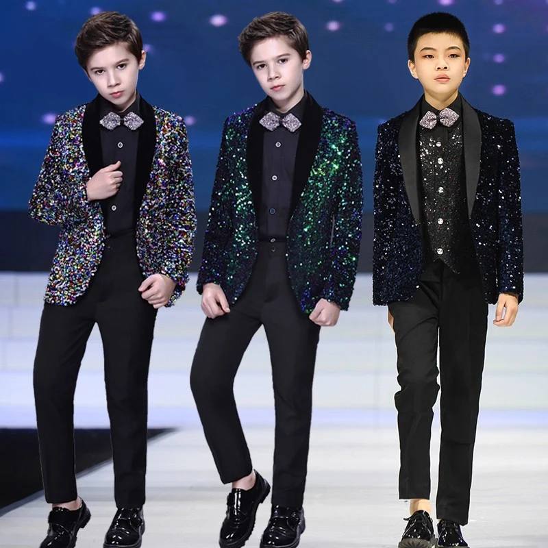 أطفال بدلة رسمية ترتر للبنين 3-16 سنة شهم سهرة الزي حفل زفاف عيد ميلاد السترة السراويل سترة زر واحد