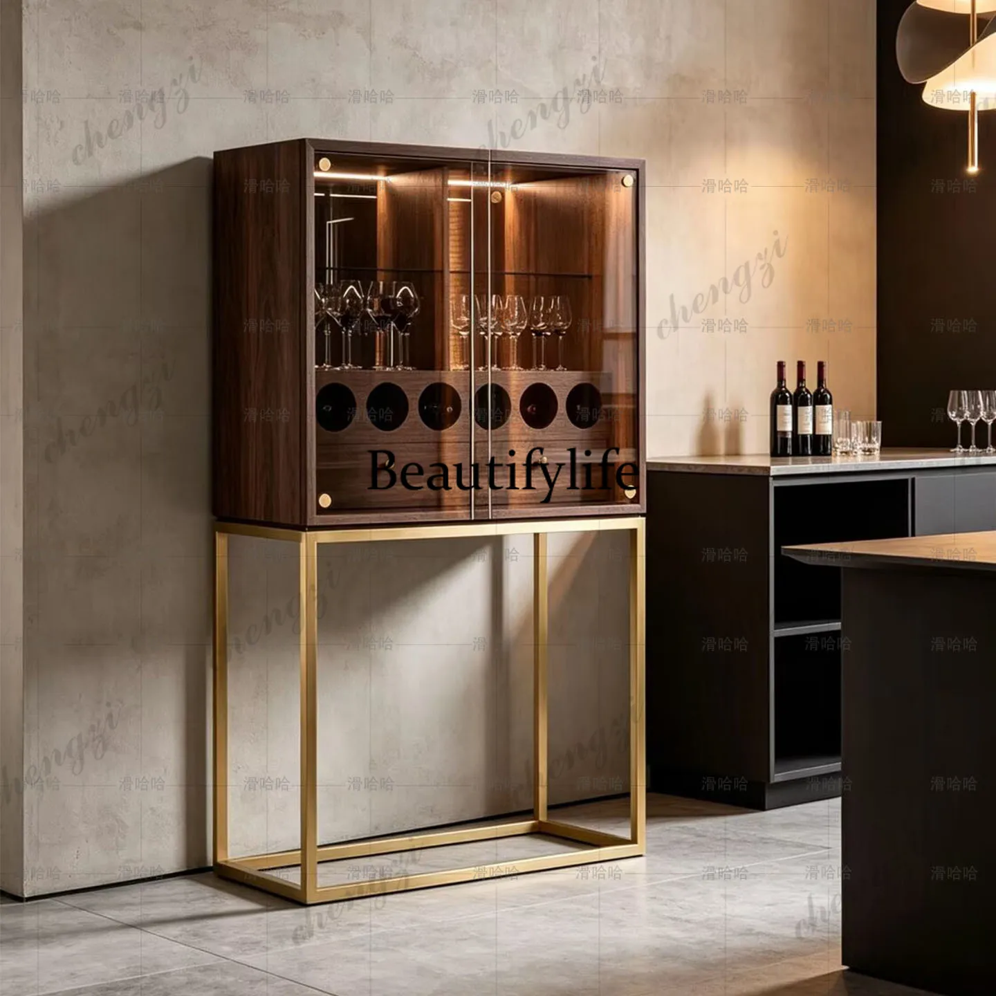 Italian light luxury wooden wine cabinet, creative glass villa living room wall display cabinet, art dining side cabinet