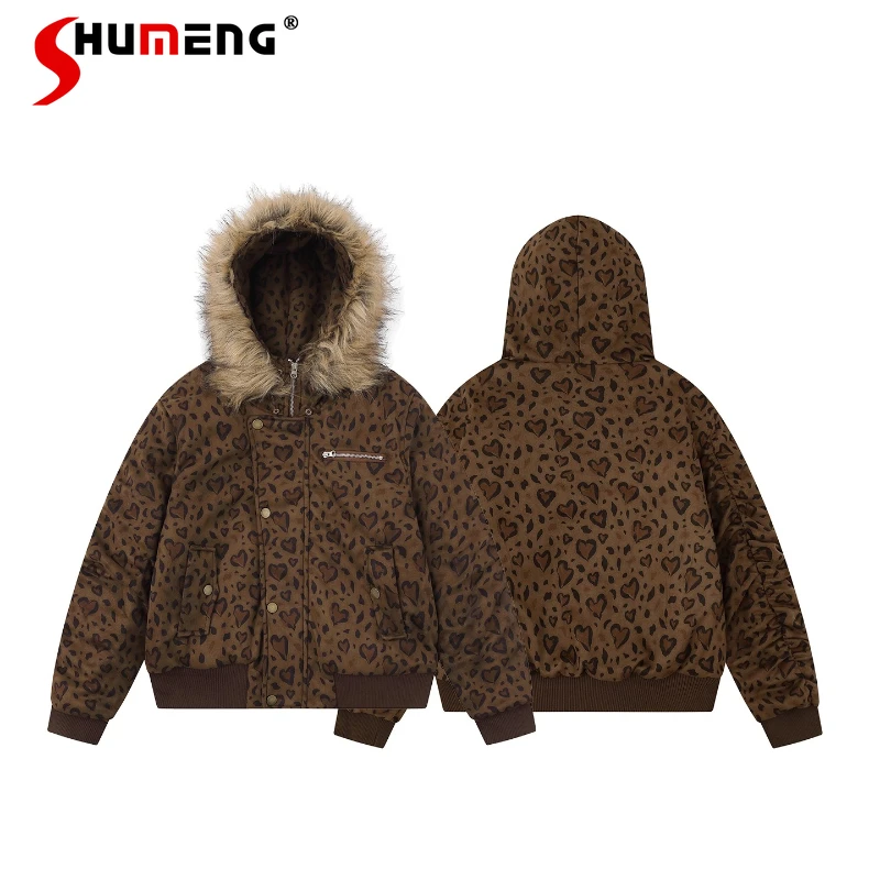 

Men's 2025 Winter New Leopard Print Faux Fur Collar Hooded Parkas Men Women Loose Multiple Zippers Coats Couple Comfort Parkas