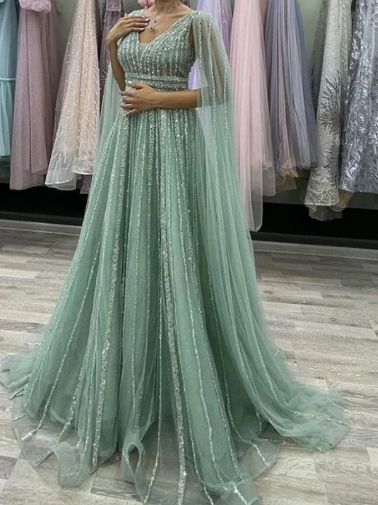 Customized Lime Green Luxury Women Evening Dresses Sleeve Cape V Neck Sequined Beading A Line Long Prom Party Dress Occasion