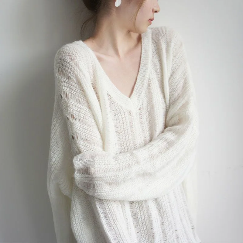 Women's Mohair Style V-Neck Sweater, Loose Fit Lightweight Knit Pullover, Elegant Minimalist Fall Winter Top