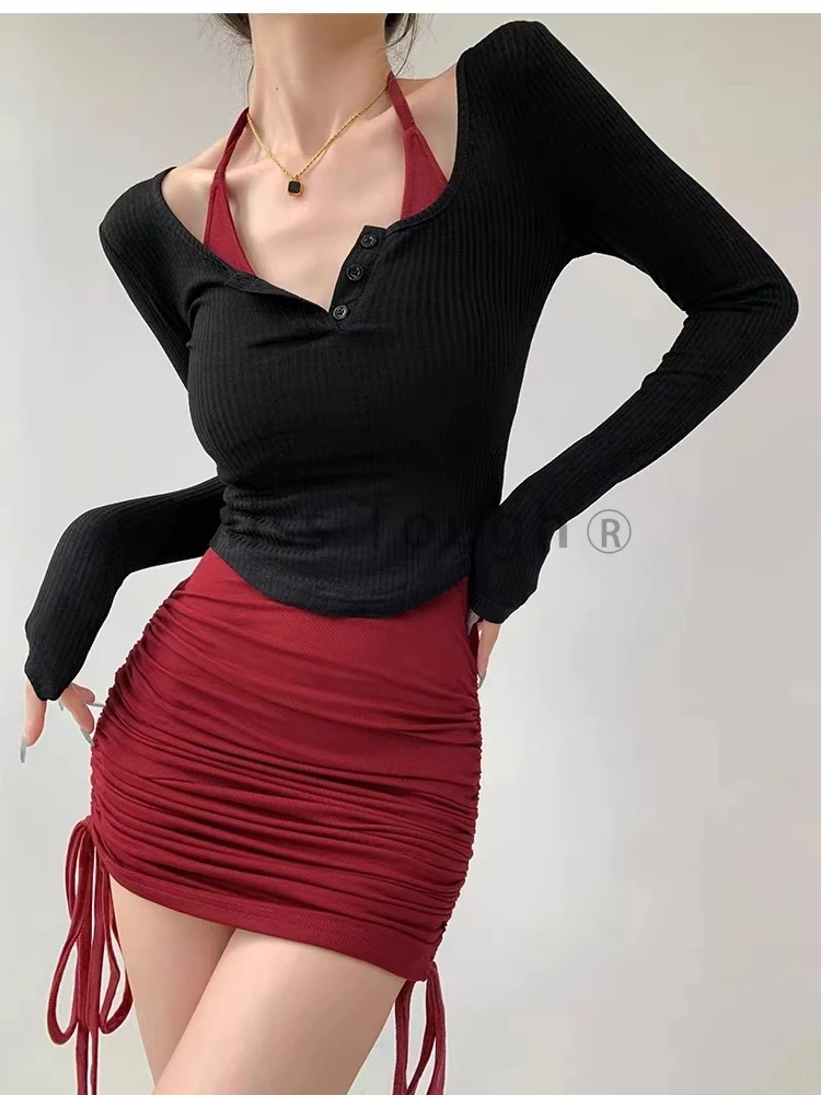 Aesthetic Sexy Skinny 2 Piece Set Strap Dress Women Elegant Y2k Slim Long Sleeve V Neck Tops + Hot Chick Lace Up Solid Dress New