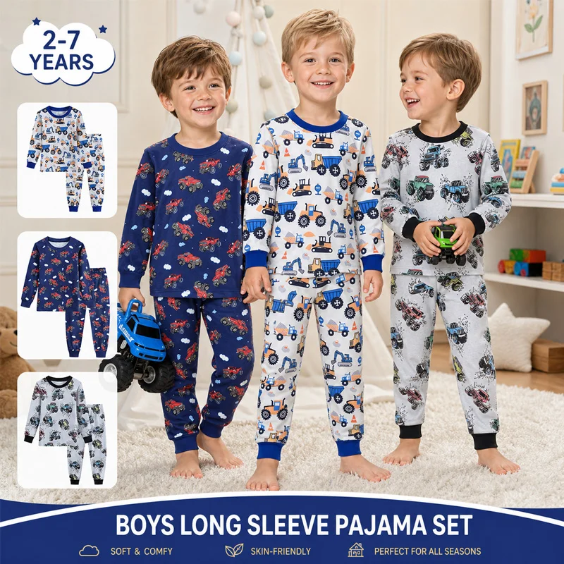 Little Hand Boys Pure Cotton Long Sleeve Pajama Set All Over Print Engineering Vehicle Kids Sleepwear Loungewear for 2-7 Years O