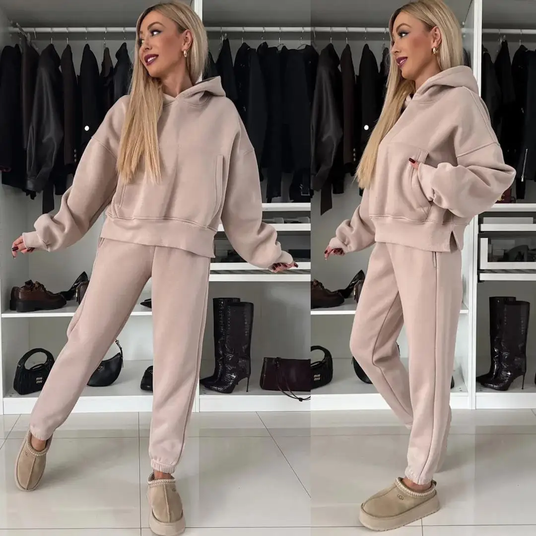 

Женская длинная толстовка с капюшоном, брюки с завязками на щиколотке, весенний сезон, чистый цвет, размер для взрослых, европейская одежда