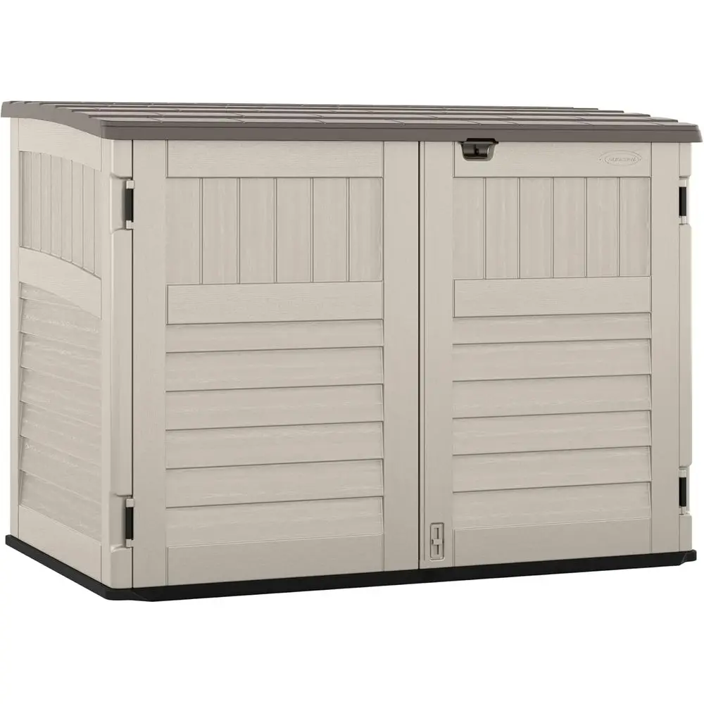 

Horizontal Stow-Away Storage Shed for Outdoor Use: Natural Wood-Like Finish, Weather-Resistant Resin, Hinged Lid, Reinforced Flo