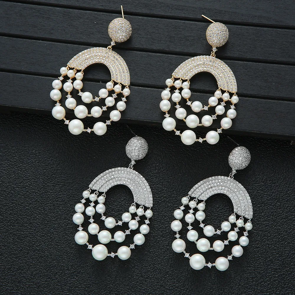 Trendy Rainbow Drop Earring For Women Wedding Party Cubic Zircon Earring Brazil Style Simulate Pearl Brincos Bijoux Gift