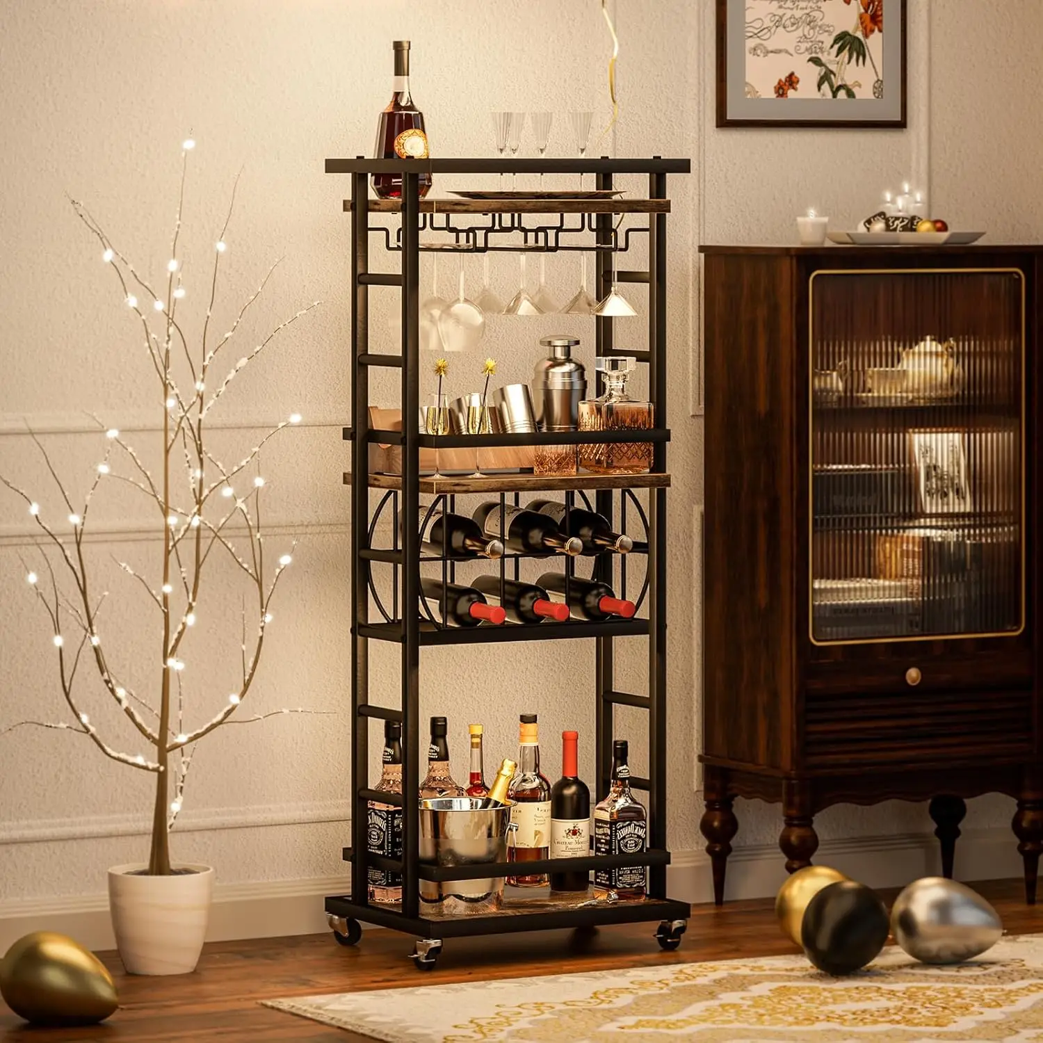 

4-Tier Rolling Bar Cart with Wheels, Wine Rack, Glass Holder for Home Kitchen Living Room Outdoor Rustic Brown