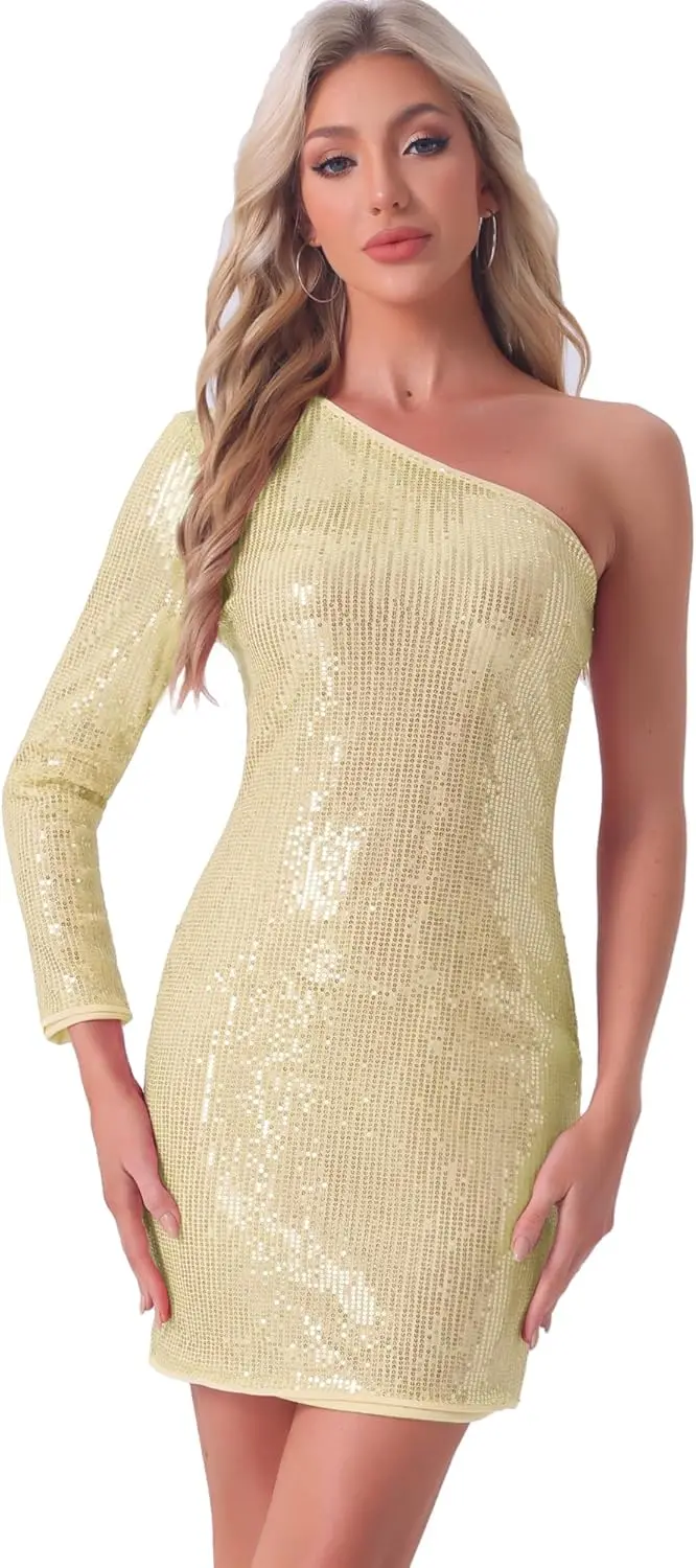 

Sexy Sequin Dress for Women's Sparkly One Shoulder Party Club Dress Fall Winter Cocktail Dresses Mini Graduation Dresses
