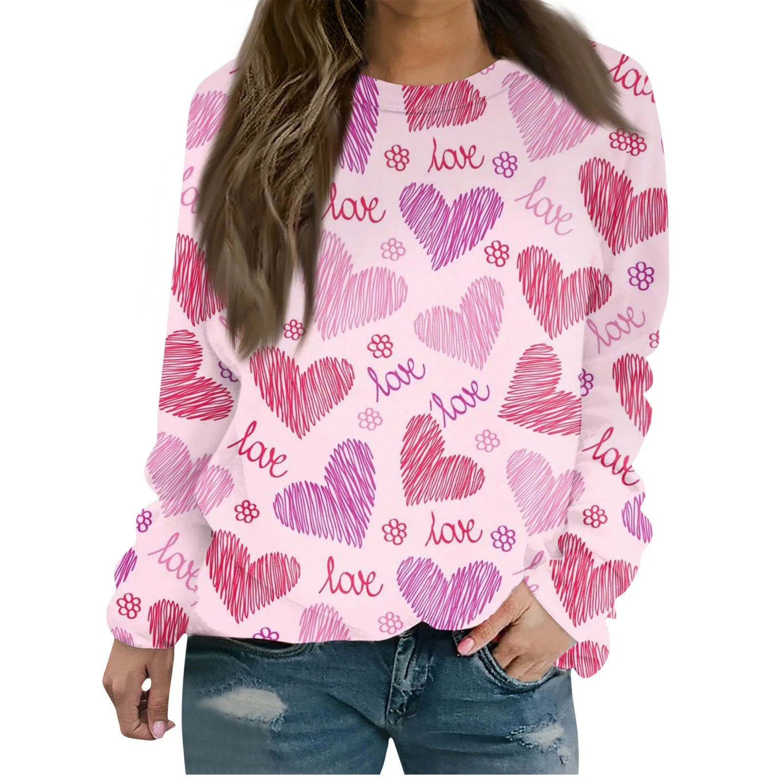 قطع علوية برقبة مستديرة للنساء ، قطع علوية بأكمام طويلة ، بلوفرات مطبوعة الحب ، تي شيرت عادية أحادية اللون ، غير رسمي وعصري ، عيد الحب