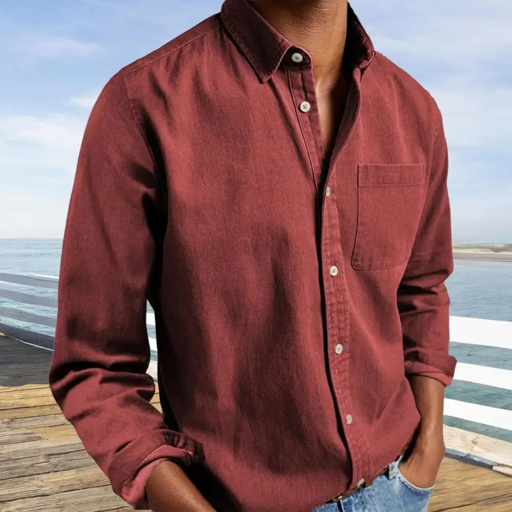 

Men Shirt With Chest Pocket Turn-down Collar Single-breasted Loose Cardigan Pure Color Formal Top Mid Length Casual Spring Shirt