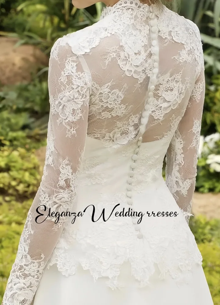 Customized Elegant Long Sleeve Wedding Dresses A-Line V-neck Lace Satin Bridal Gowns Floor Length Gorgeous