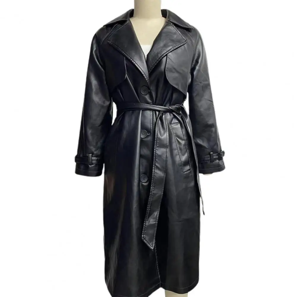 Women Long Jacket Stylish Lace-up Belted Faux Leather Coat for Women Mid Length Windproof Jacket with Turn-down Collar for Fall