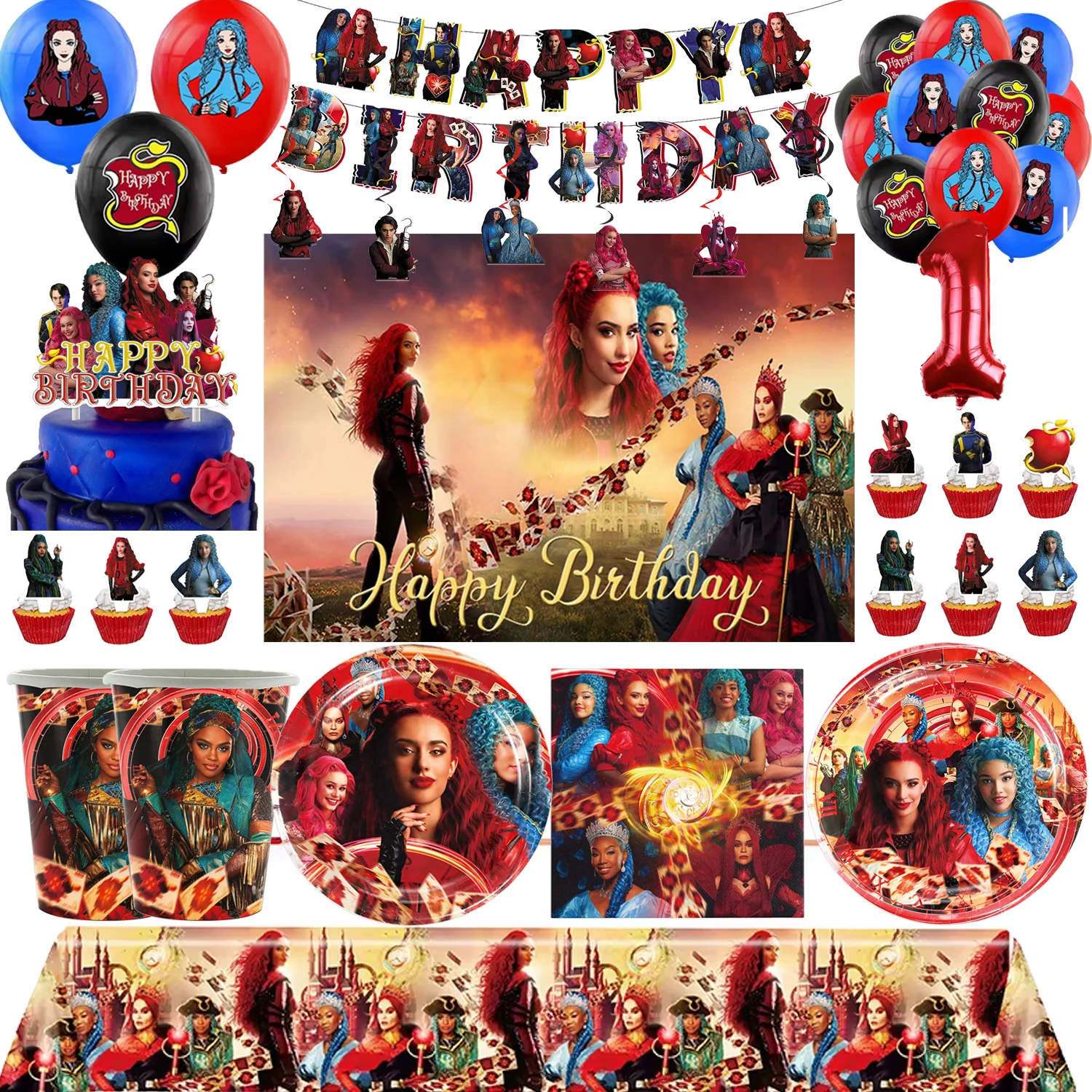 Descendants The Rise of Red Birthday Supplies Disposable Plate Cup Balloon Cake Topper Backdrop Party Decoration Baby Shower