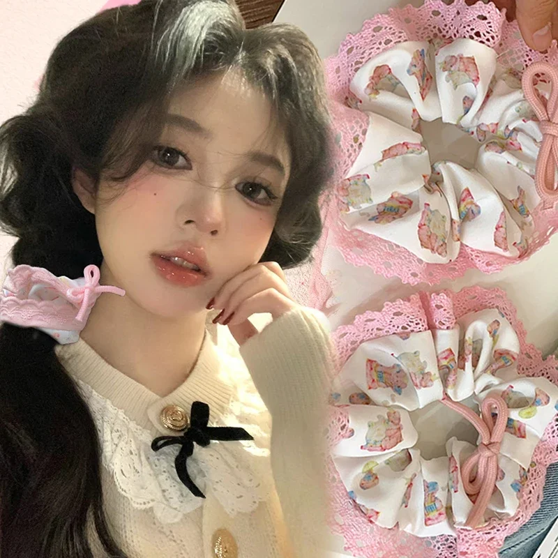 Sweet Print Floral Bear Scrunchies Hair Ties Women Girls Vintage Ponytail Holder Elastic Hair Bands Rope Hair Accessories