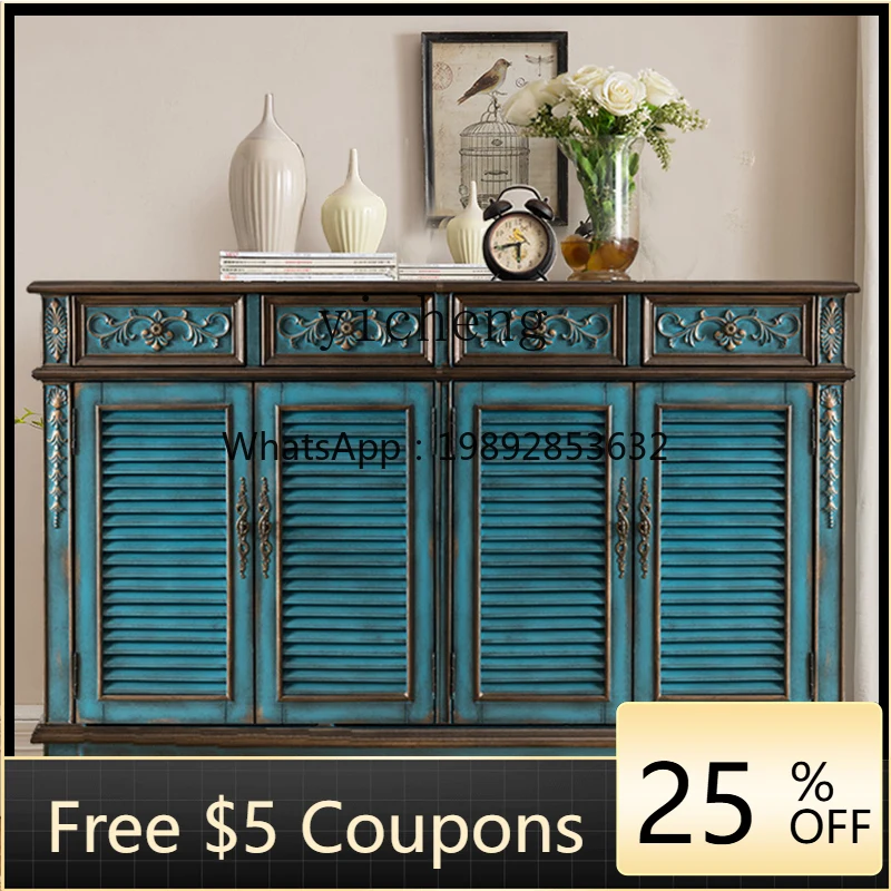 

breathable shoe cabinet household entrance door solid wood louver European porch cabinet retro balcony furniture