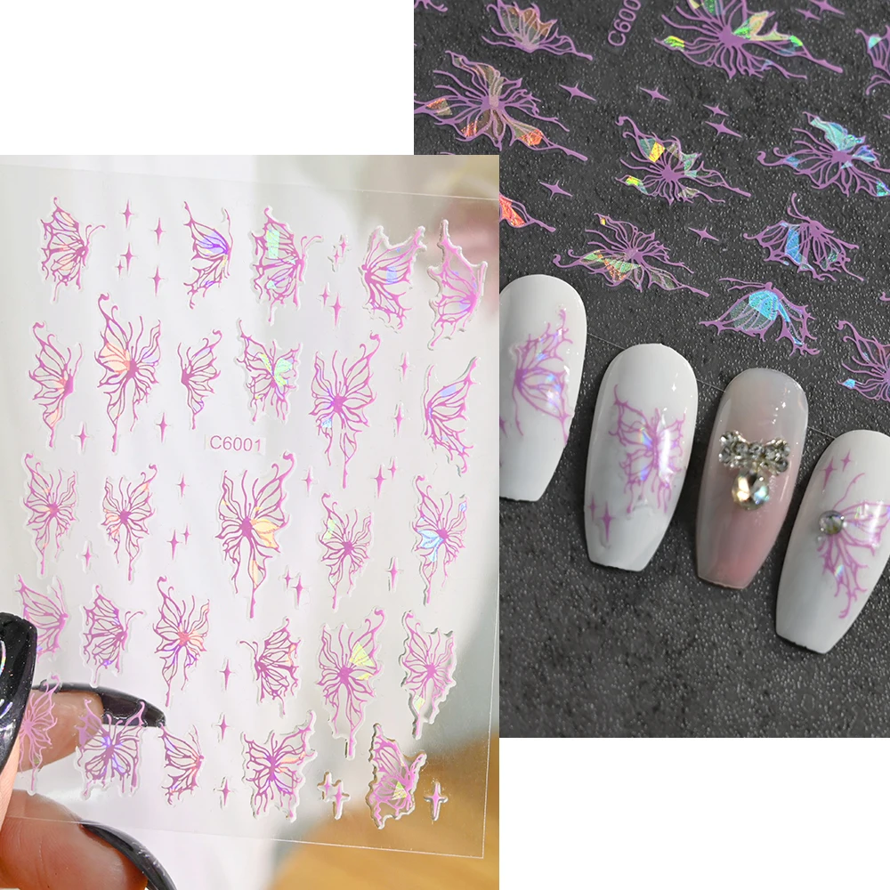 3D Aurora Butterfly Nail Art Stickers - 4 Colors Holographic Laser Black/White/Pink/Purple Bronzing Metallic Effect Nails Decals