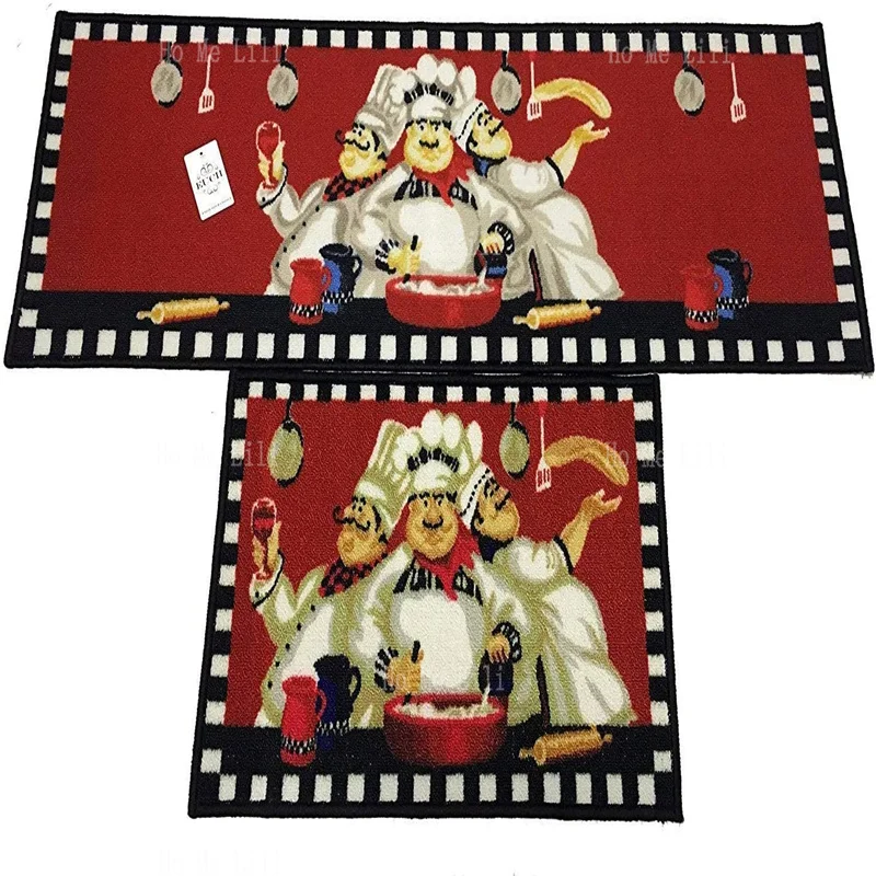 

The Raise Fat Chefs Flannel Kitchen Rugs Cartoon Food Competition Cute Three Cooks Red Background Carpet Home Decor