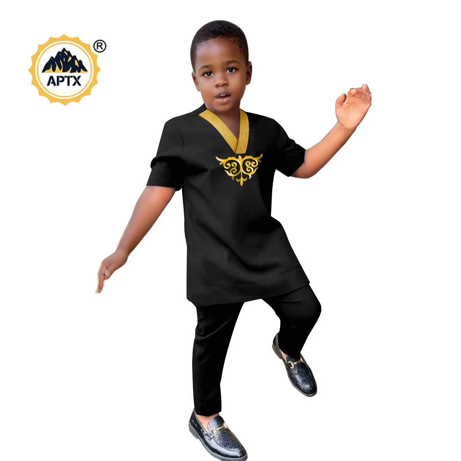 African Clothes for Boy Appliques V-neck Top and Pant 2 Pieces Sets Bazin Riche Summer Kids Children Bright Silk Outfits 2446062