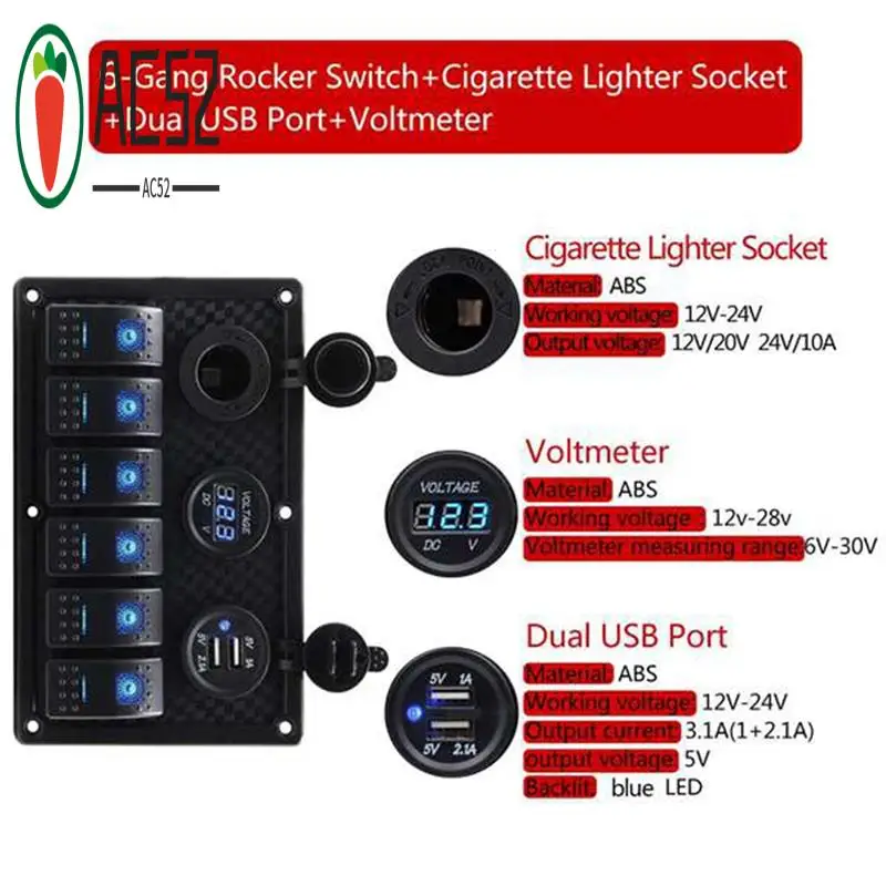 

AC52-12/24V 6 Buttons Switch Panel With Digital Voltmeter Tester 3.0 USB Chargers Bule Light Boat Power Adapter