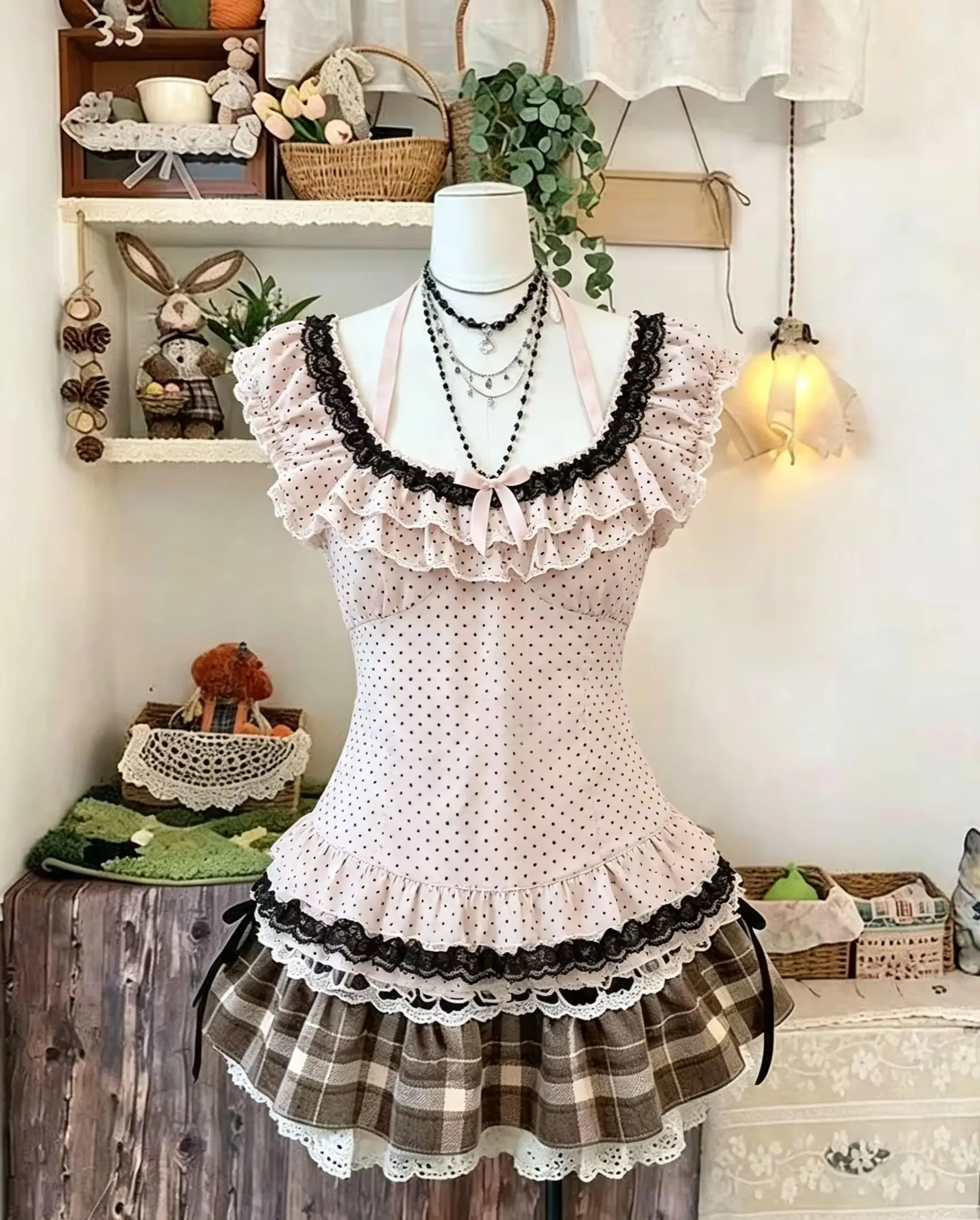 Y2k  Kawaii  Women Short Sleeve Tops Korean Style Sweet Lace Bow Fake Two Piece Tees Slim Casual  Daily  Blouse