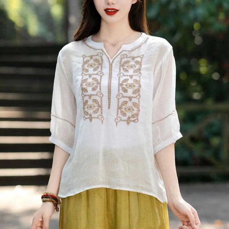 Literature Women Heavy Industry Embroidery V-neck Solid Cotton and Linen Summer Appear Thin Quarter Sleeves Thin Solid Color Top