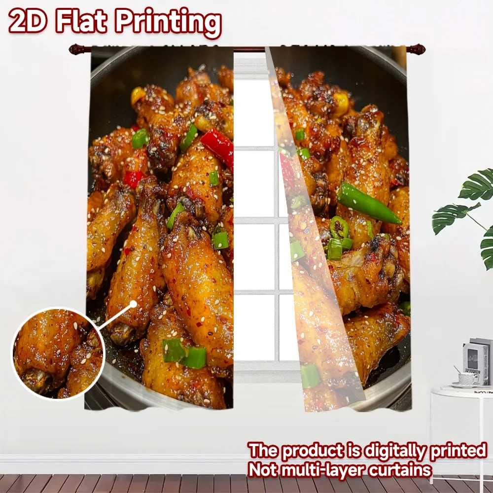 2D flat 2pcs Curtain Country Style Spicy Glazed Chicken Wings Digitally printed polyester, colorfast Party & Holiday Decor for