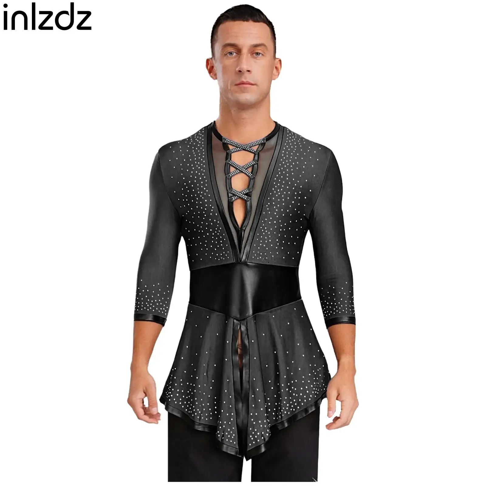Mens Rhinestones Latin Dance Top Sheer Mesh Long Sleeve Swallowtail Shirt Tops Ballet Tango Flamenco Stage Performance Dancewear