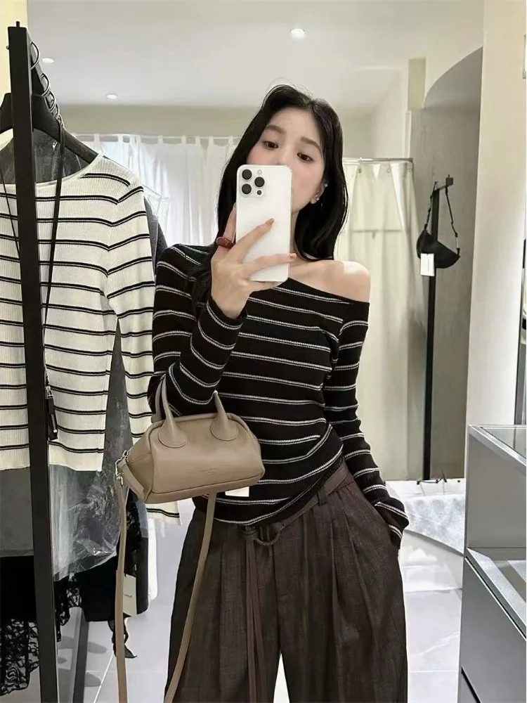 سليم صالح مخطط متماسكة أعلى oulder عارية طويلة Sve قاعدة طبقة الكورية Sle تخفيف الخريف Faion الحفاظ على الدفء #3