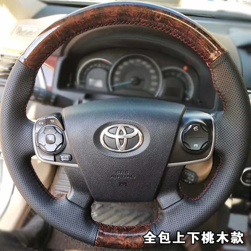 

Hand-stitched anti-skid Genuine Leather peach wood grain Car Steering Wheel Cover for Toyota Camry 2012 2013 2014 Auto Parts