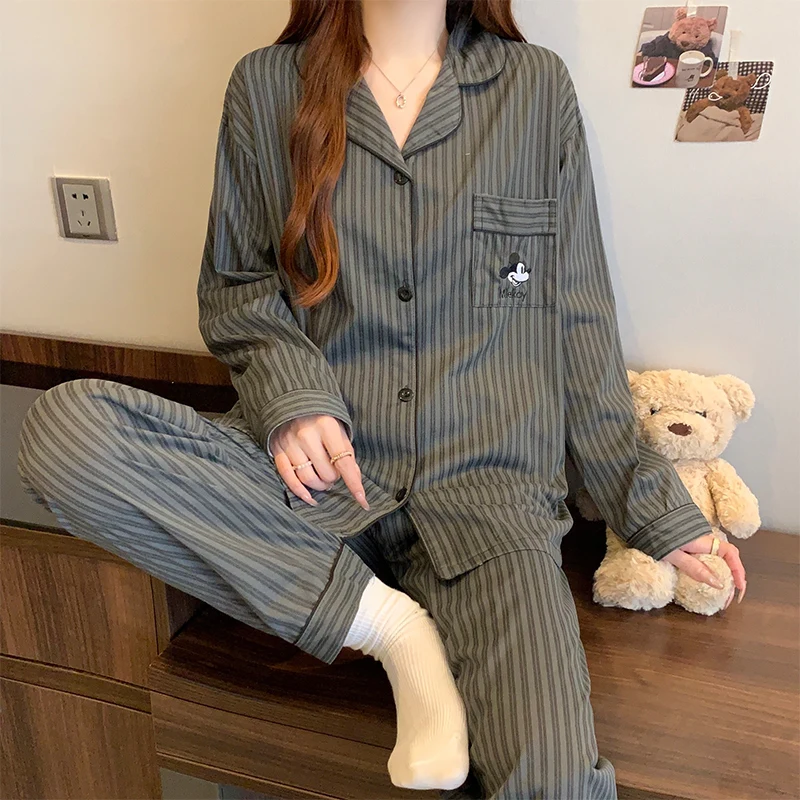 

​​New Spring Autumn Homewear Women's Cute Nightwear Cartoon Mickey Mouse Print Striped Pyjamas Set Soft Long Sleeve Loungewear