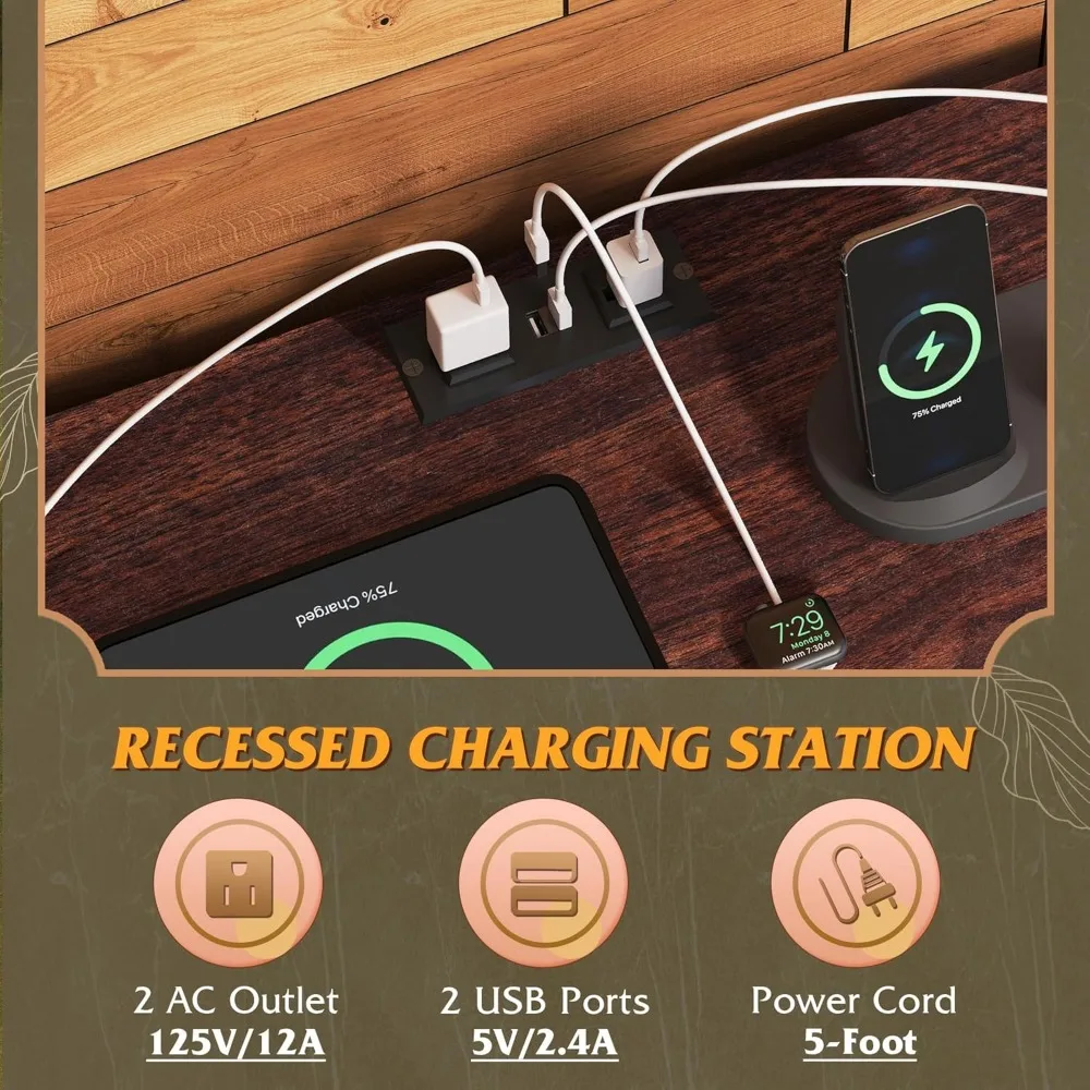 حامل تلفزيون لمركز الترفيه بإضاءة LED لأجهزة التلفاز مقاس 45-55 بوصة مع محطة شحن وطاولة وحدة تحكم الوسائط