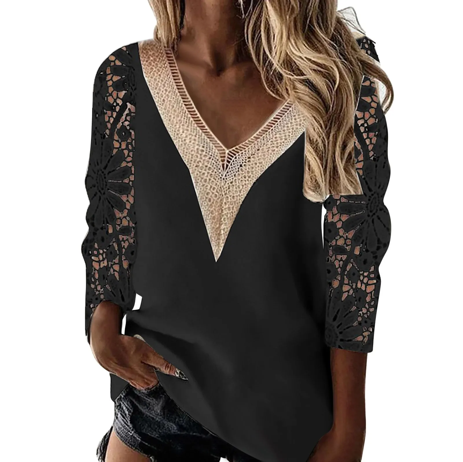 

Women's Elegant Chiffon Blouse Boho Style Stitching Hollow Lace Chiffon Shirt Casual Deep V Neck Pullover T Shirts Ropa De Mujer