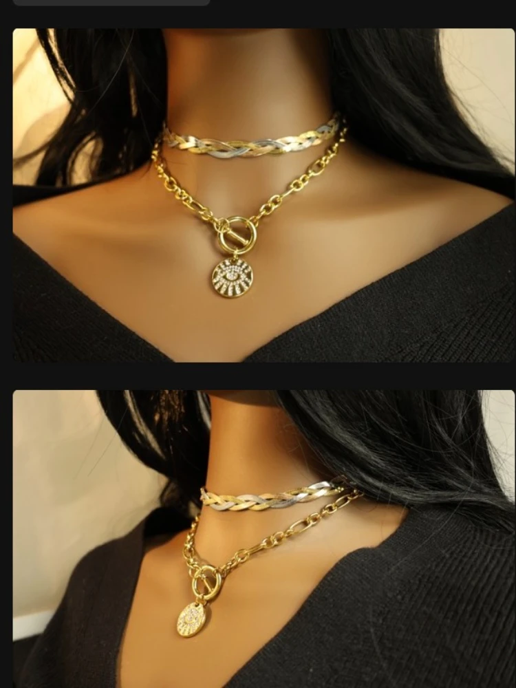 

Fashion Jewelry 18K Gold Plated Stainless Steel Necklace for Women Men – Waterproof Geometric Sun Eye Zircon Pendant Chain YF510