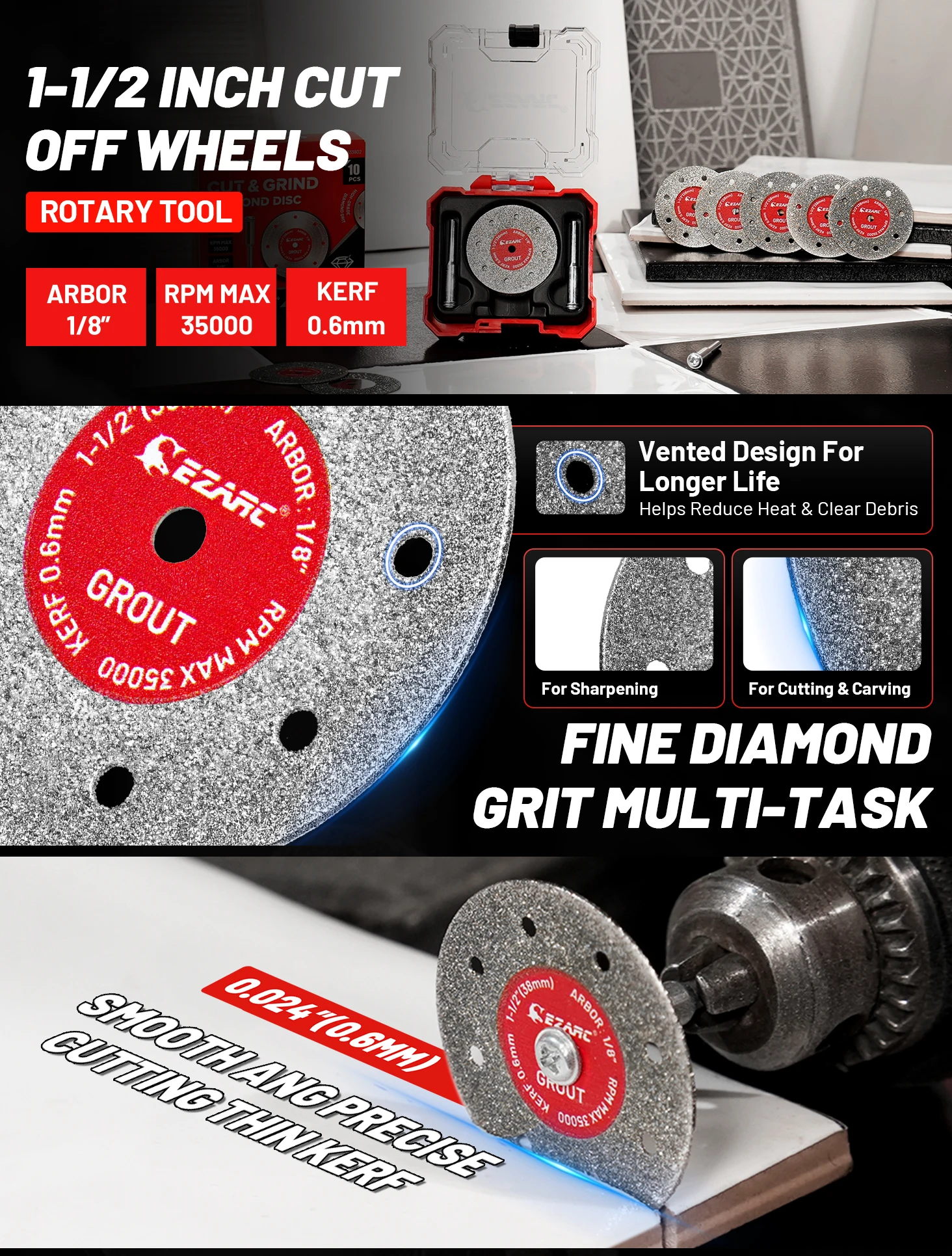 EZARC 1,5'' (38mm) Fliesenschneidscheiben 10 Stück, 0,6mm Trennring Diamant-Schneidrad mit 2 Dornen zum Schneiden, Schärfen und Schnitzen – Detail 1