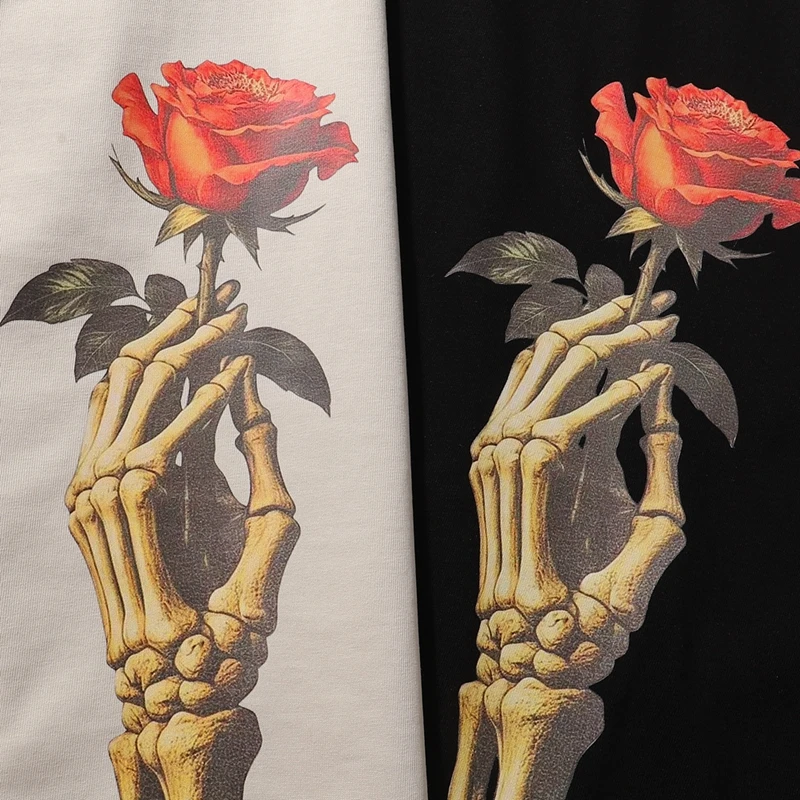 Sommer Herren Skelett-Hand-Rosen-Grafik T-Shirts Vintage-Kunstdruck Lässiges T-Shirt Streetwear Oversized Fit Baumwoll-Tops – Detail 5