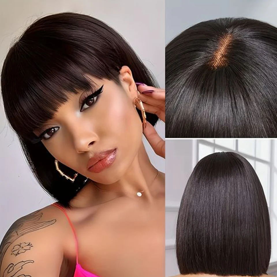 

Brazilian Straight Bob Lace Wigs Glueless Straight Human Hair Wigs With Bangs Fringe Middle Part Bob Lace Wigs Realistic Scalp