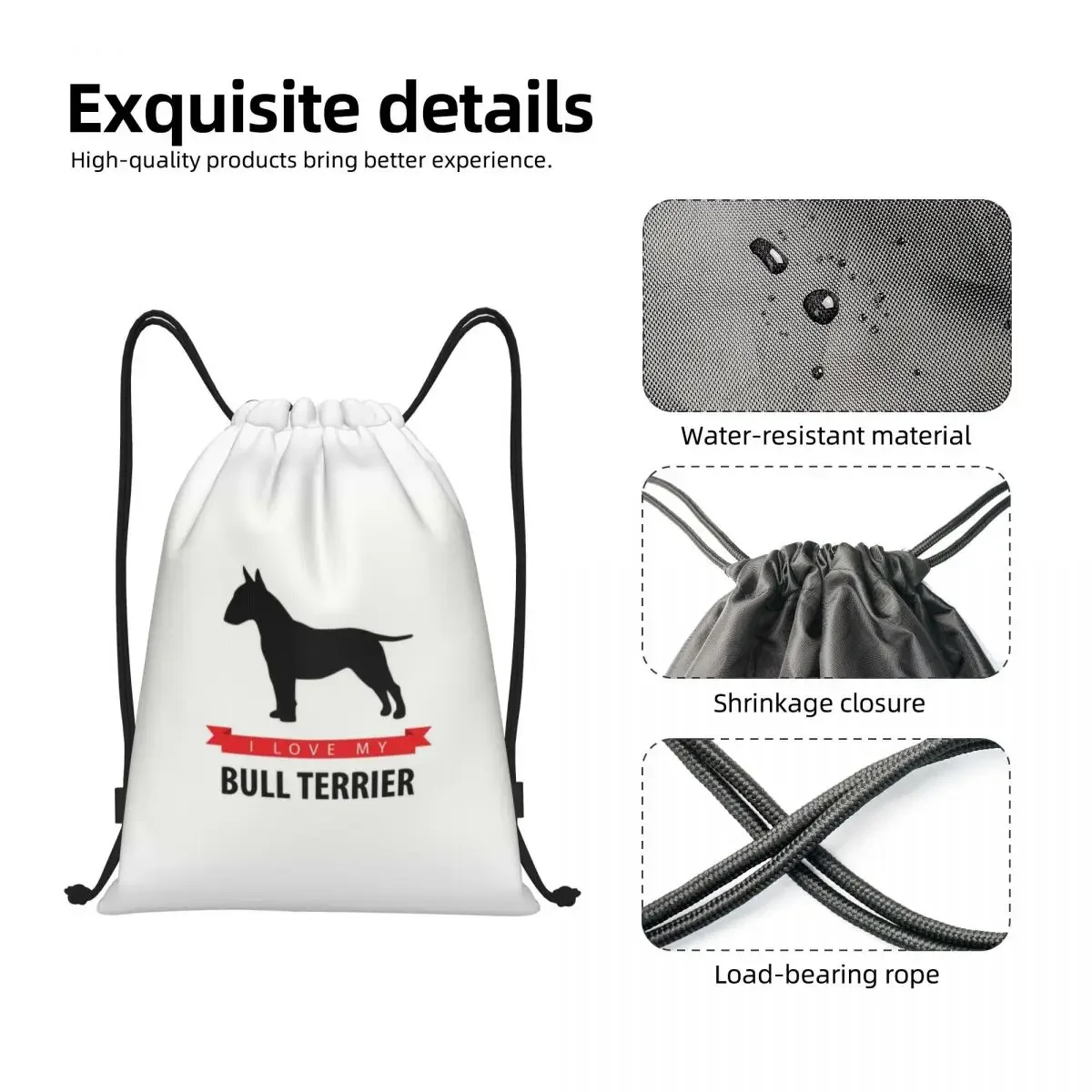 Mochila de cordão personalizada para homens e mulheres, sacos esportivos, sacos de cordão, leve, pet, cachorro, ginásio, ioga, eu amo meu bull terrier