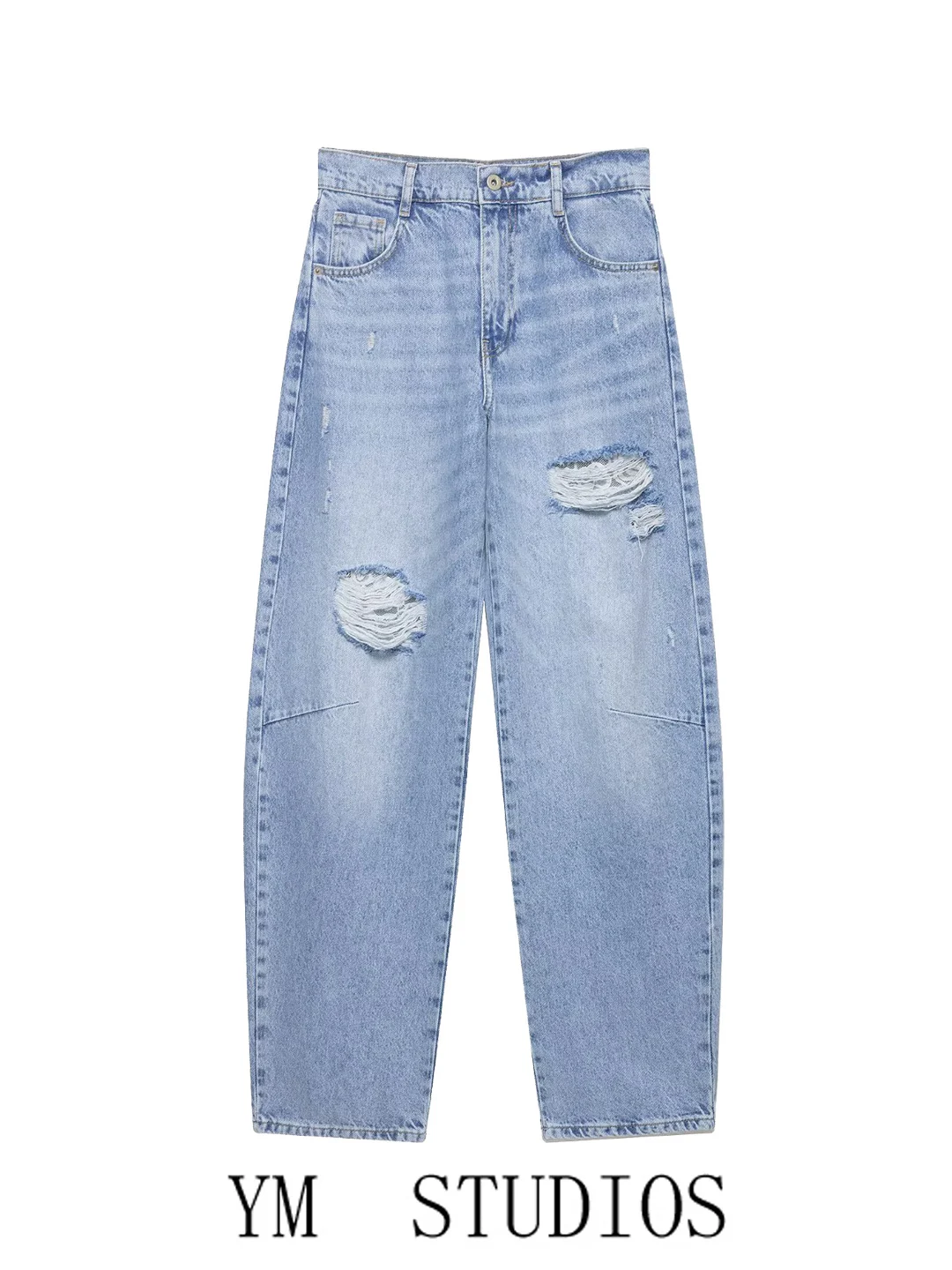 Retro High Waist Patchwork Lace Hole Denim Jeans Women's Light Blue Trendy Pants Street Style Autumn Standard Fit Micro Stretch