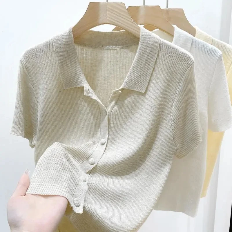 GIDYQ S-3XL Thin Short Sleeve Knitted Shirts Women Elegant Solid Slim Basic Sweater Harajuku Casual All Match Cardigan Summer