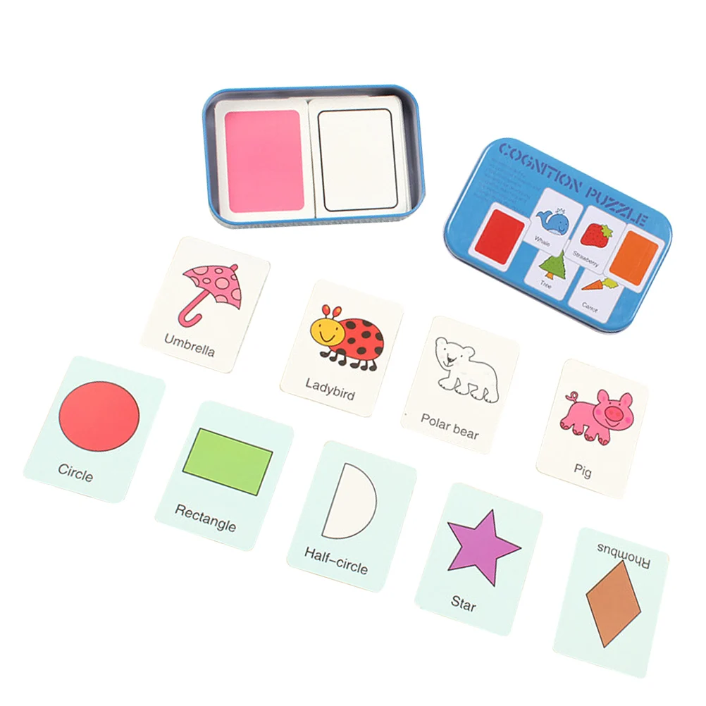 32 pz 1 Set Bambini Alfabetizzazione Puzzle Board Scatola di latta Giocattoli educativi Apprendimento precoce Gioco cognitivo Carta di riconoscimento della forma blu