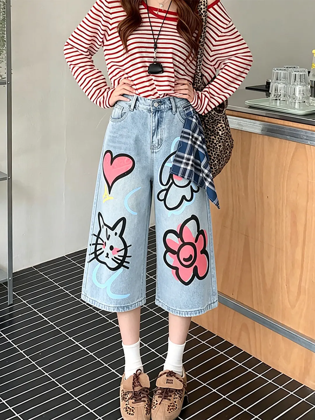 

Retro American Street Cartoon Print Loose Women's Jeans High Waist Wide Leg Blue Summer Casual Trousers Comfortable Breathable