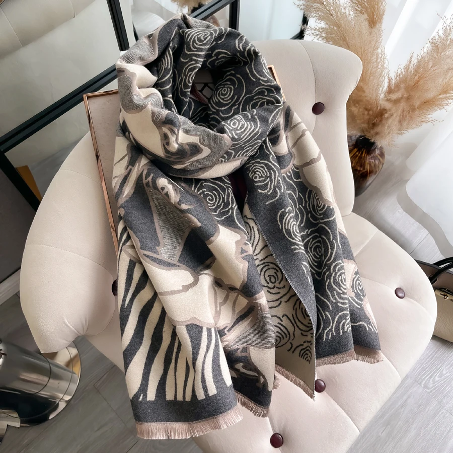 Zebra Stripes Rose Jacquard Imitate Cashmere Scarf Shawl Women Winter Fashion Warm Neckerchief Long Wraps