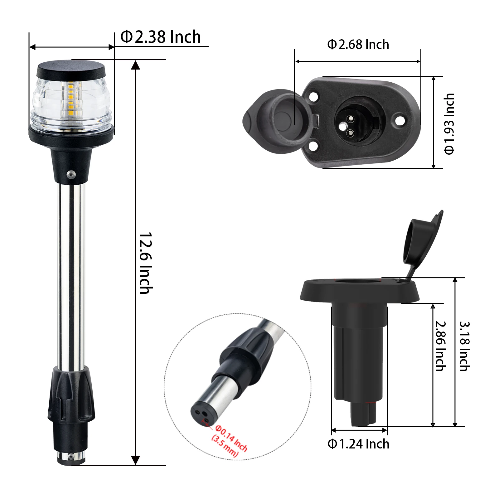 13 Inchs Stern Light, Navigation Lights, Anchor Light, 2NM Visibility, Stainless Steel Pole, Removable 2 Pin Plug-in Mount