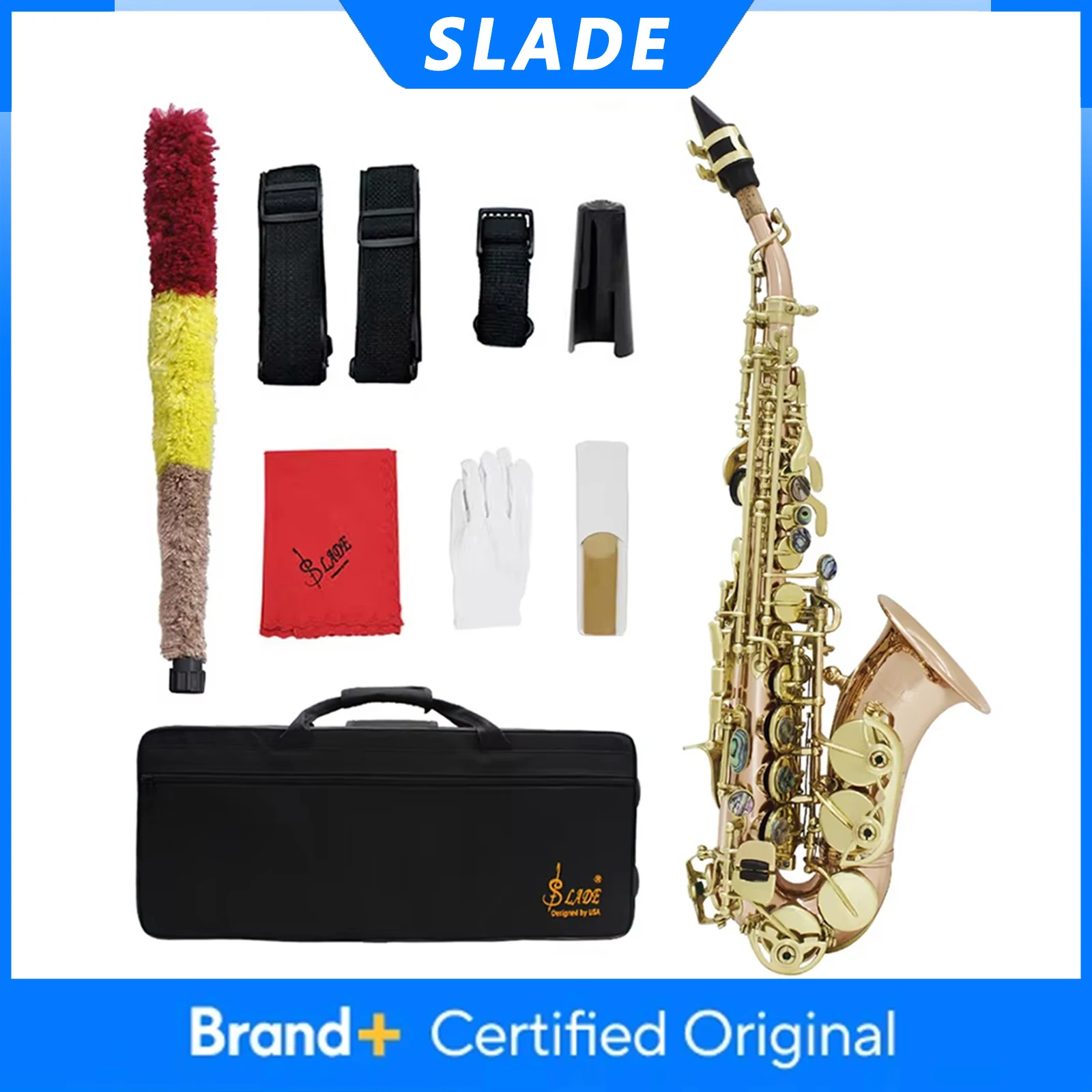 

Саксофон сопрано SLADE S89, латунный корпус, Bb-тон, фосфористая бронза, с кейсом, тростниками, перчатками, аксессуарами, духовой инструмент